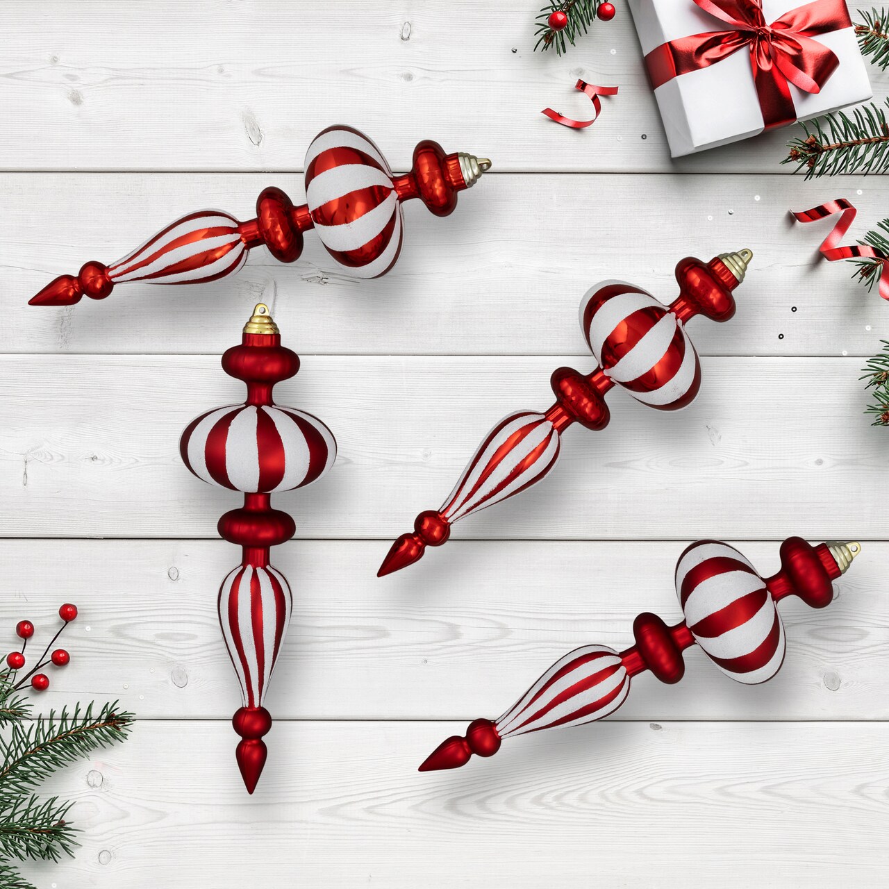 Northlight Shatterproof Commercial Size Finial Christmas Ornaments - 14" - Red and White - Set of 4